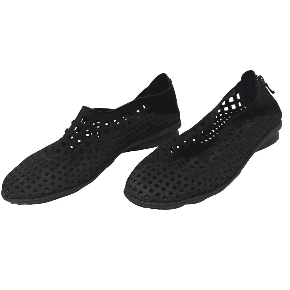 Arche Black Leather Perforated Laser Cut Back Zip Flats Shoes Size 41